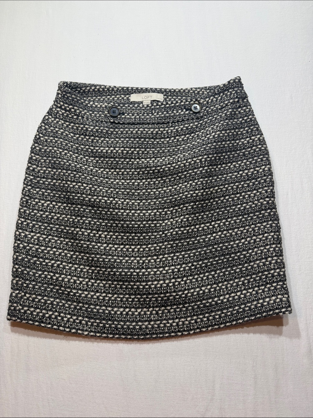 LOFT Black & White Tweed Mini Skirt with Button Detail